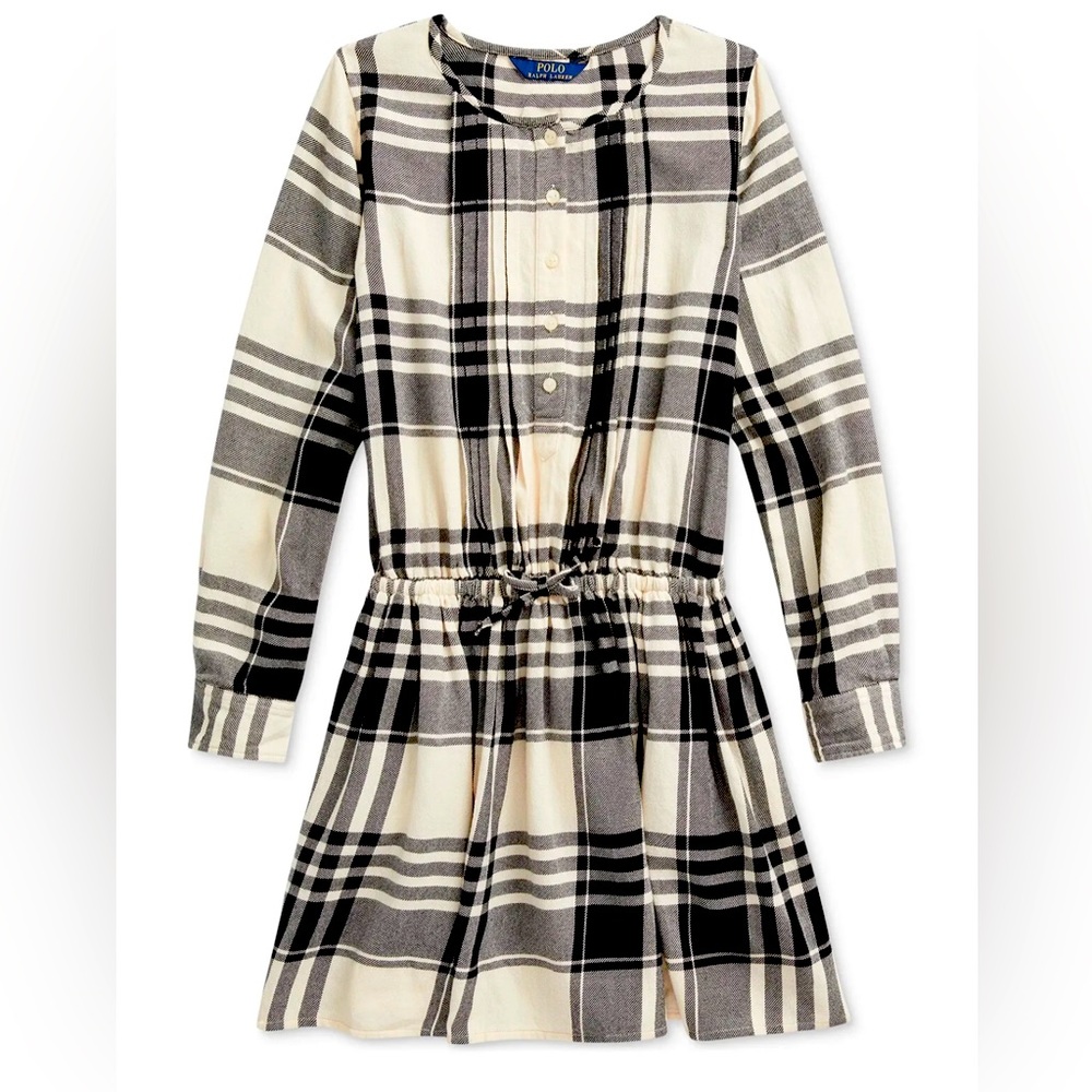 Polo Ralph Lauren Big Girls Winter Cream Plaid Cotton Shirtdress Size 16